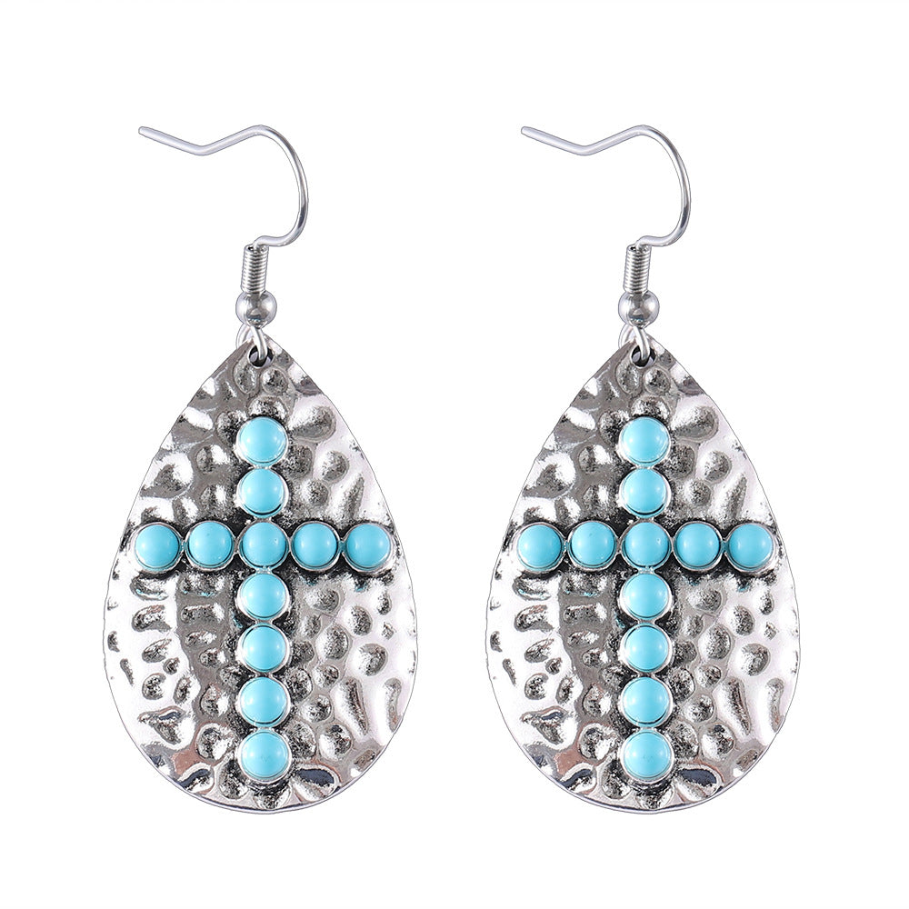 Wholesale Retro Bohemian Geometric Drop-shaped  Turquoise Cross Pendant Earrings