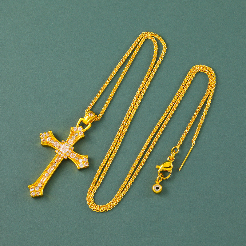 Wholesale Fashion Cross Pendant Necklace Gold Plated Copper Diamond Detail Jewelry Accessory for Women