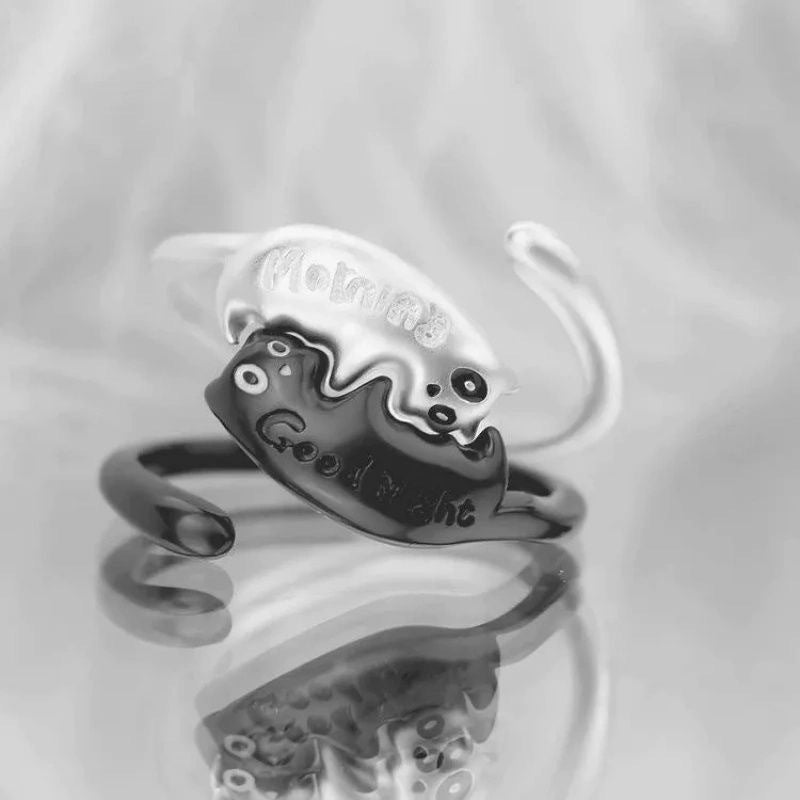Wholesale Good morning and good night letters black and white cat ring