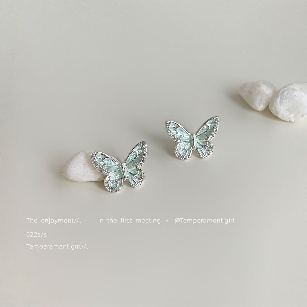 Wholesale Micro-inlaid Zircon  Green Oil Dropping Silver Needle Butterfly Earrings