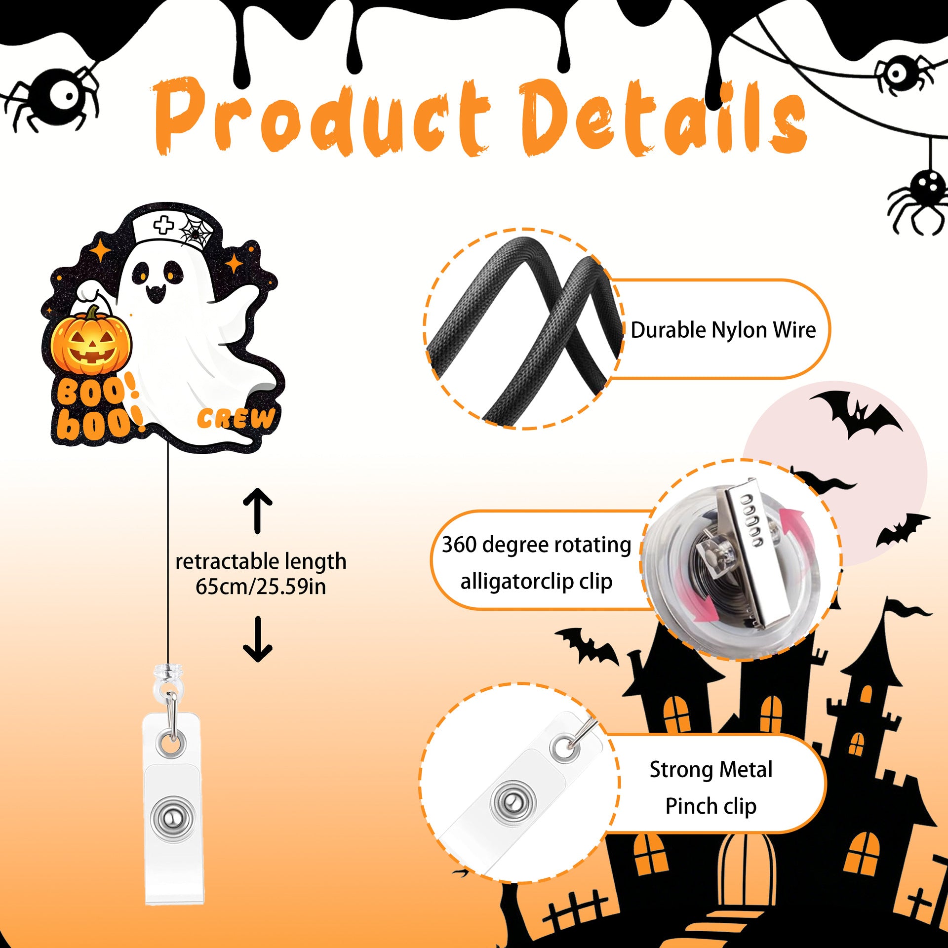 Wholesale  Boo Crew Ghost Nurse Retractable Badge Reel Fun Acrylic Charm For Keys Or ID Badge Boutique Resale Gift