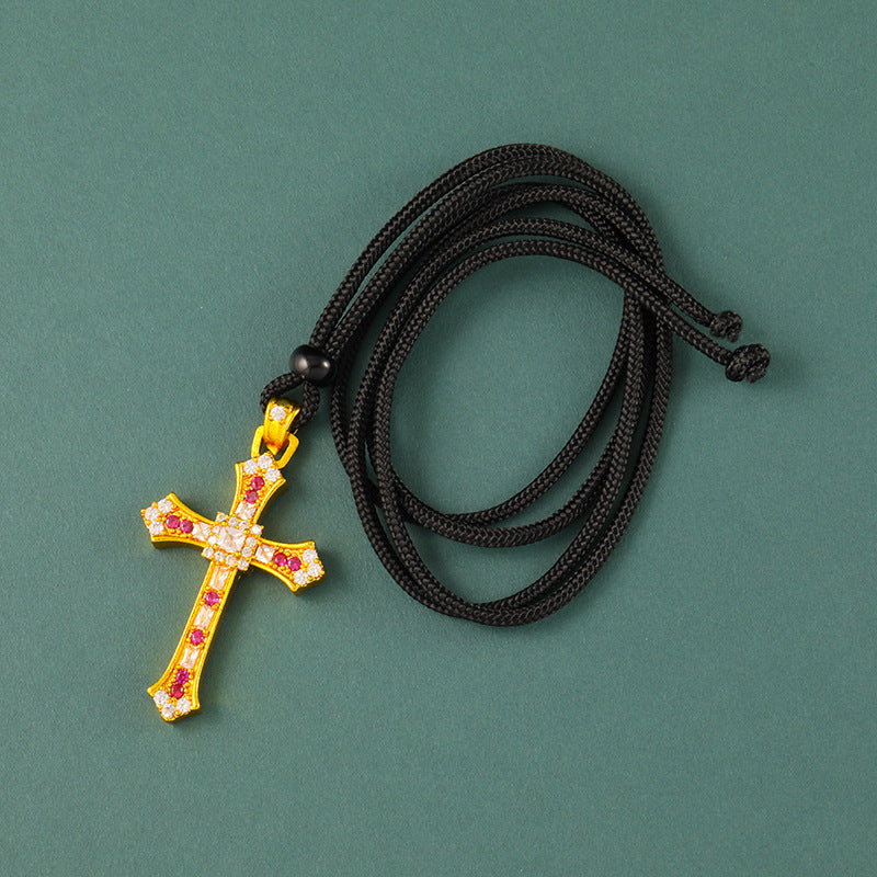Wholesale Fashion Cross Pendant Necklace Gold Plated Copper Diamond Detail Jewelry Accessory for Women