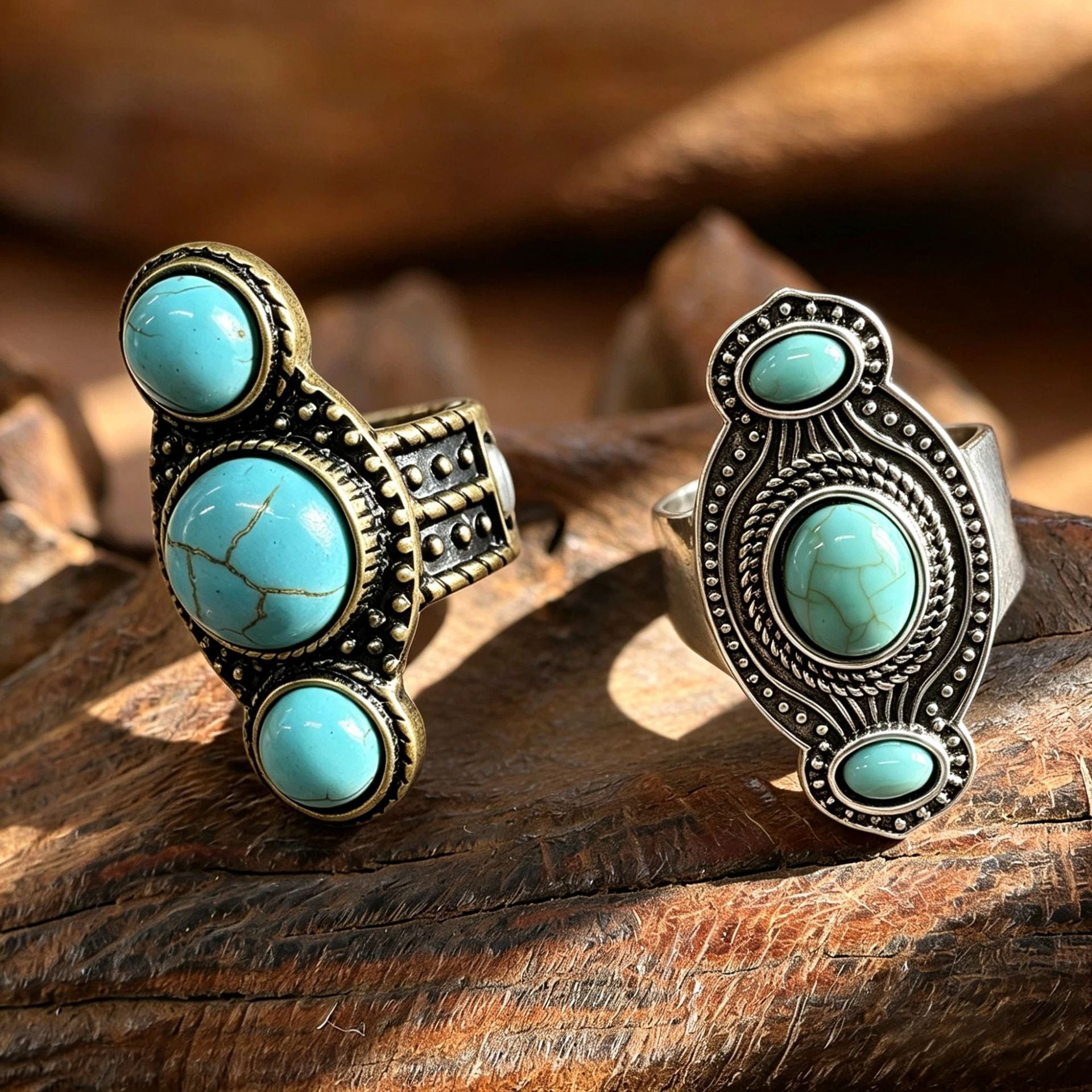 Wholesale Vintage Turquoise Inlay Alloy Stretch Ring Antique Bronze Carved Bohemian Jewelry Accessory For Boutique Resale