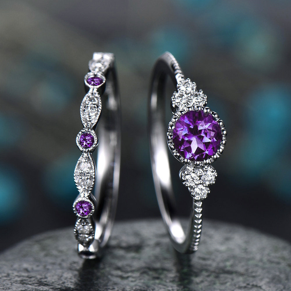 Wholesale Geometric Two Piece Women S Ring Set Purple Alloy Zircon Accent Stylish Boutique Jewelry Accessory