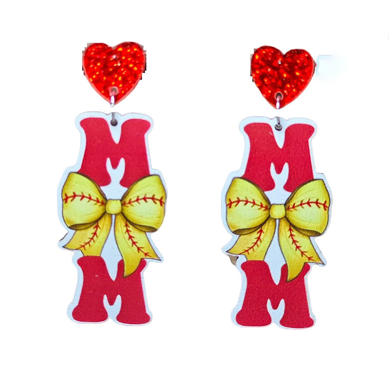 Wholesale Mother's Day Earrings MOM Letters Sports Style Baseball Shiny Earrings