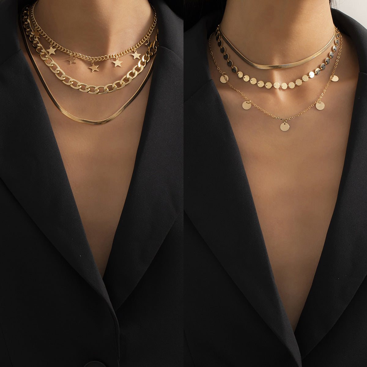 Wholesale Geometric Snake Bone Chain Layering Necklace Set with Star Pendant,  Fashion Accessory for Gift or Boutique