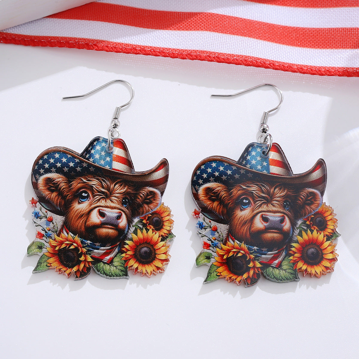 Wholesale Independence Day Western Style Red, White and Blue Star Sunflower Bull Head Earrings