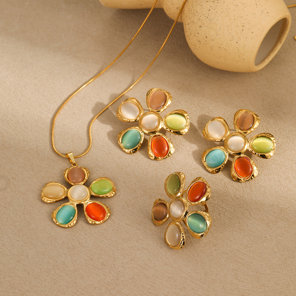 Wholesale 18K gold stainless steel  color cat's eye stone flower earrings necklaces