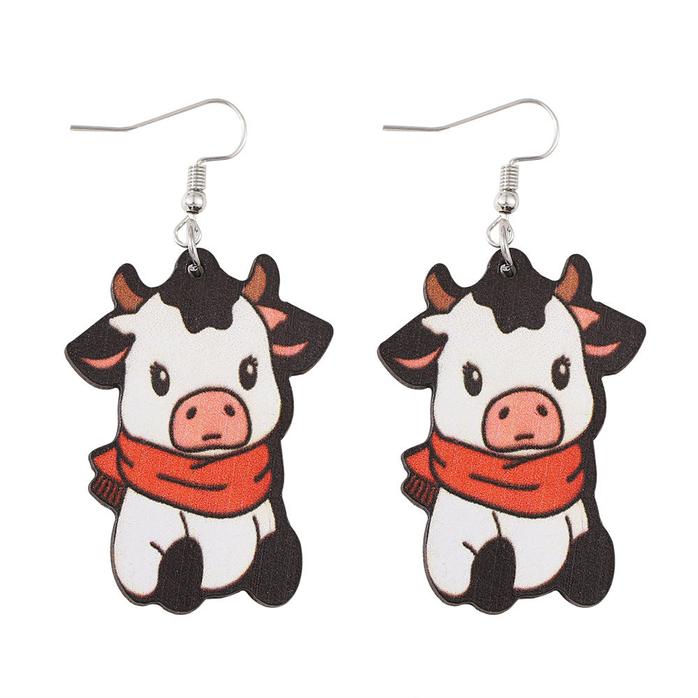 Wholesale Christmas cute red f cow pendant earrings wooden double-sided daily earrings