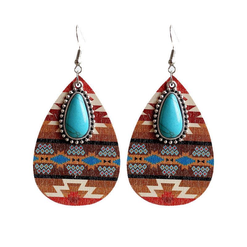 Wholesale 2pcs Wooden Western Style Turquoise Earrings