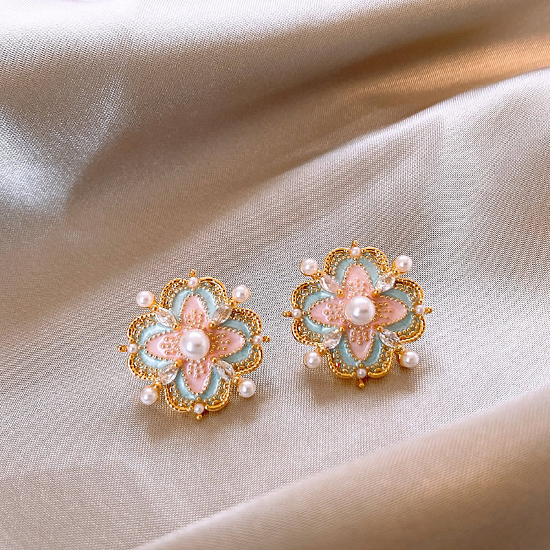 Wholesale Alloy Enamel Double Layer Flower Earrings French Palace Retro Pearl Design Fashion Accessory