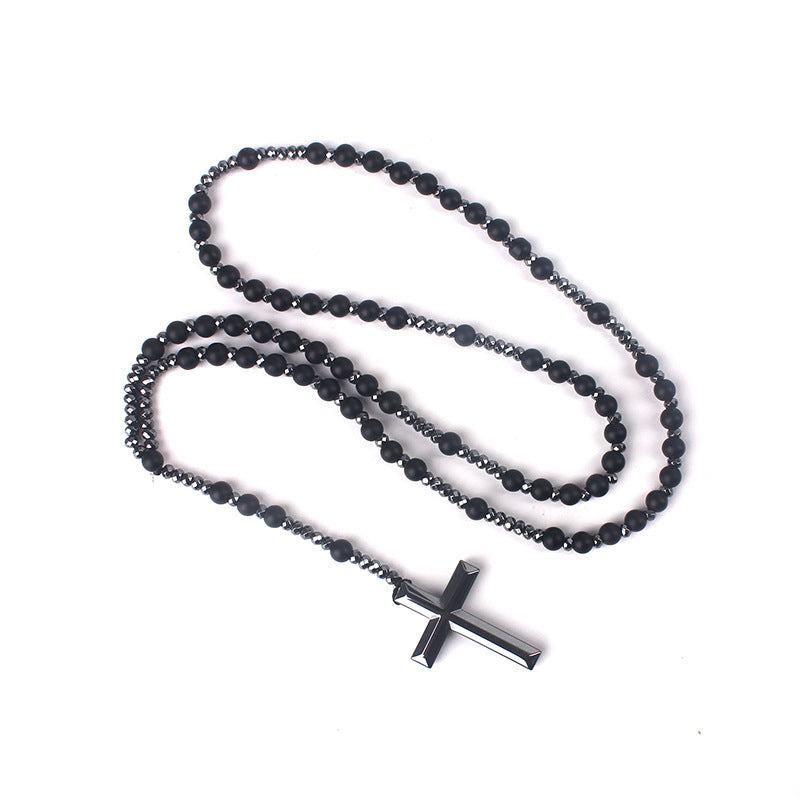 Wholesale Religious Gallstone Cross Pendant Natural Black Glitter Obsidian Lapis Necklace