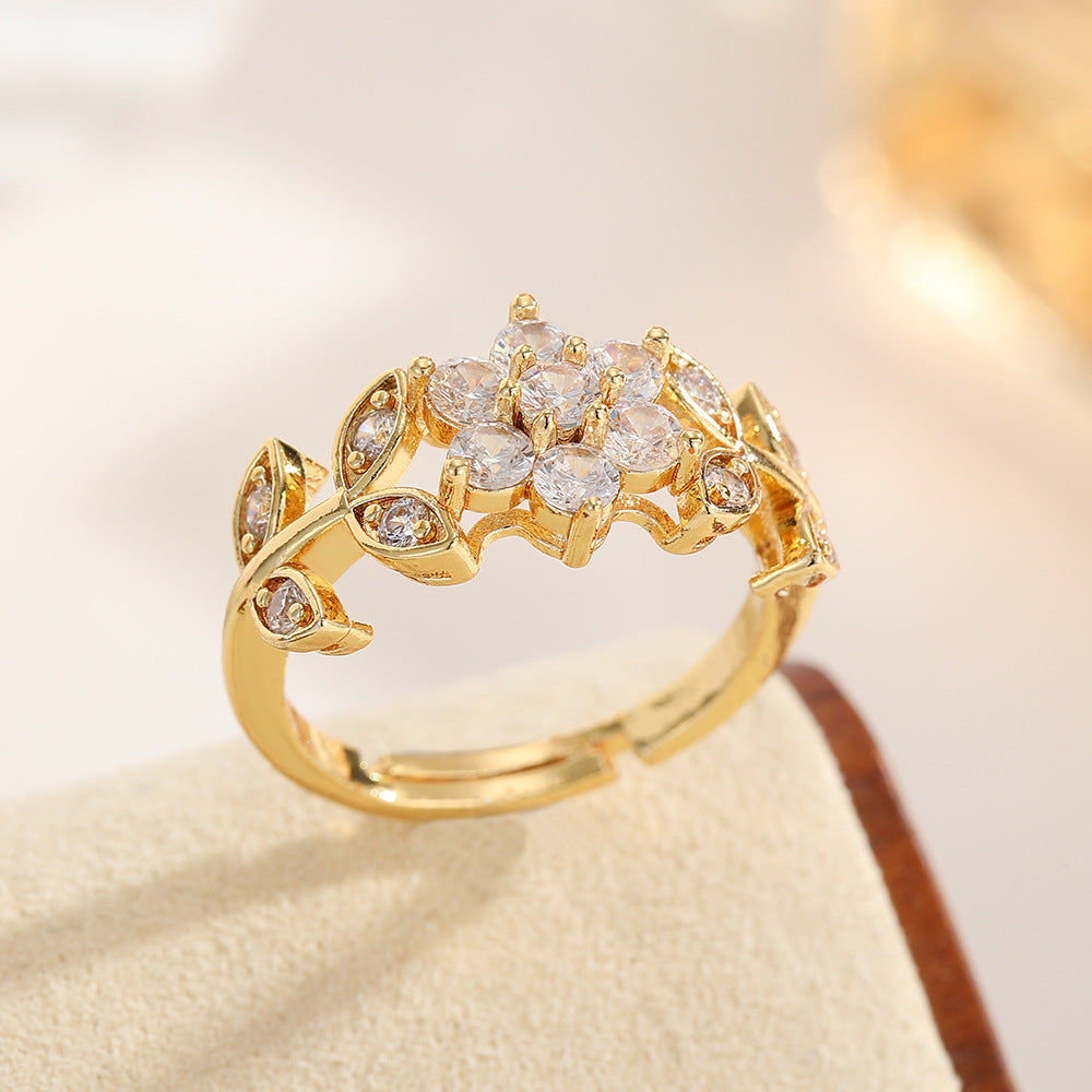 Wholesale Gold Copper Zircon Flower Adjustable Ring Women S Stylish Jewelry Accessory Boutique Resale