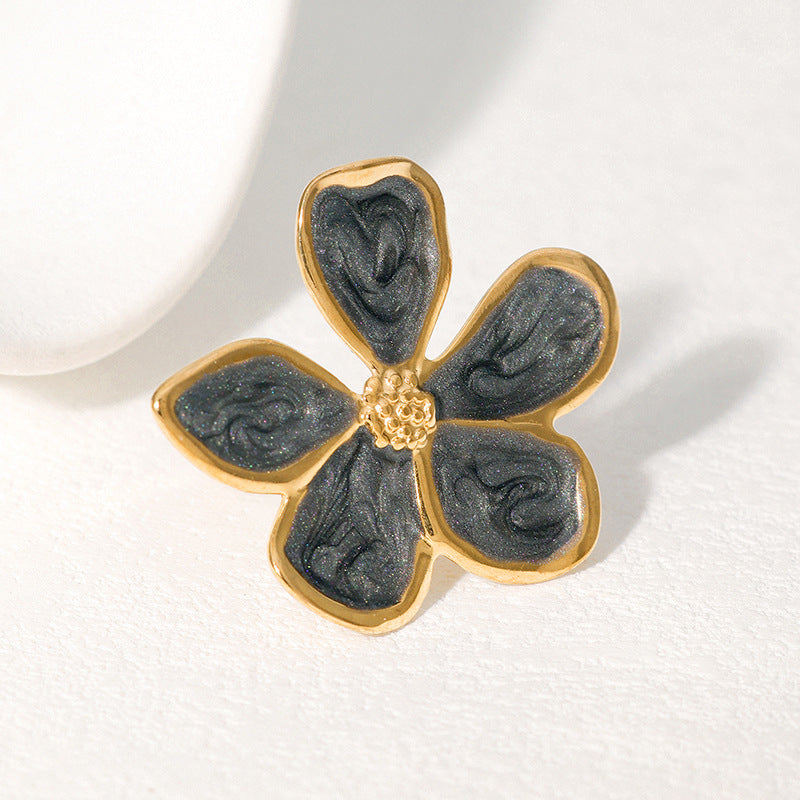 Wholesale Retro French Style Enamel Flower Stainless Steel Open Ring For Women Fashion Jewelry Accessory Everyday Wear Gift
