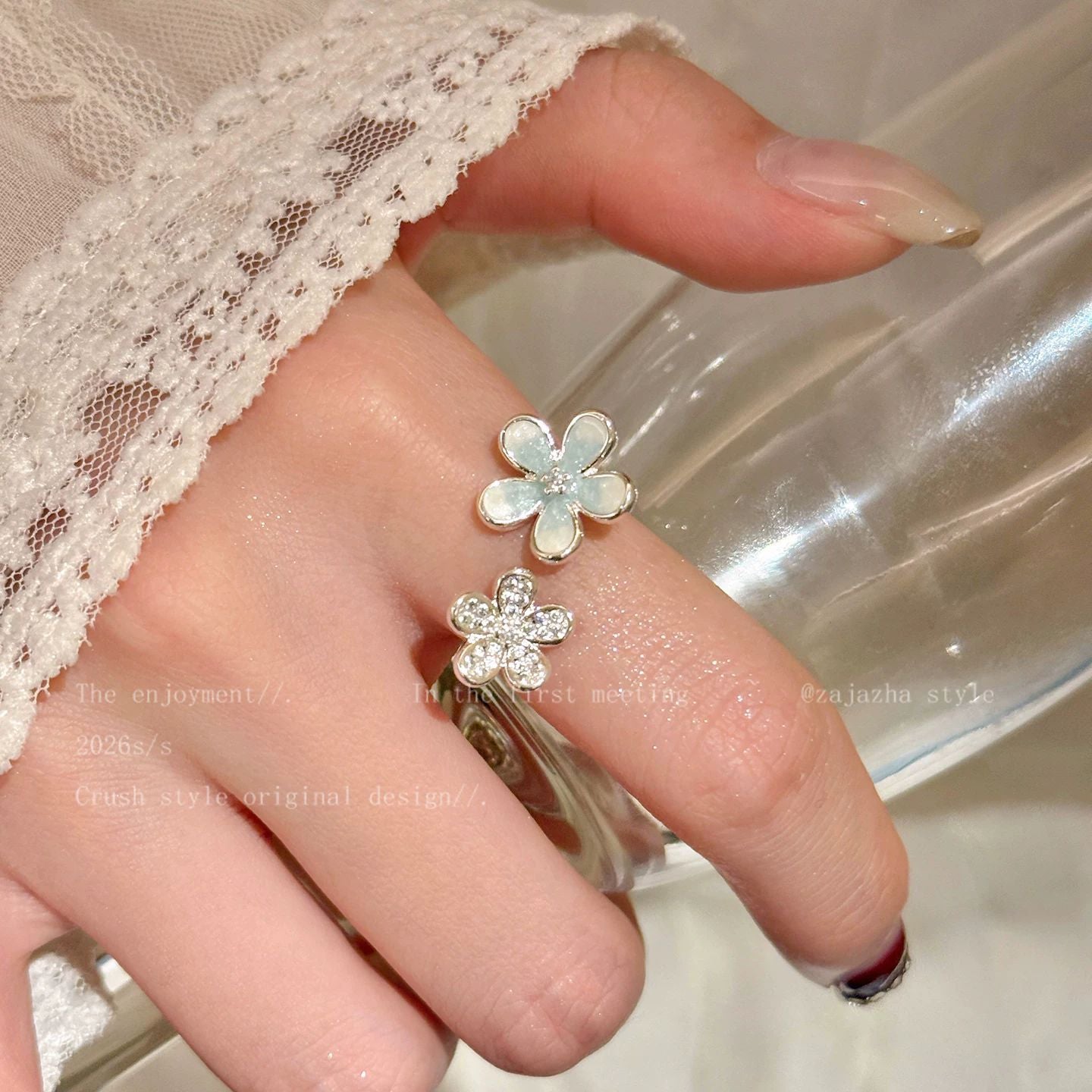Wholesale Blue Floral Drip Glaze Ring Copper Adjustable Open Ring For Women Nature Fashion Accessory Boutique Resale