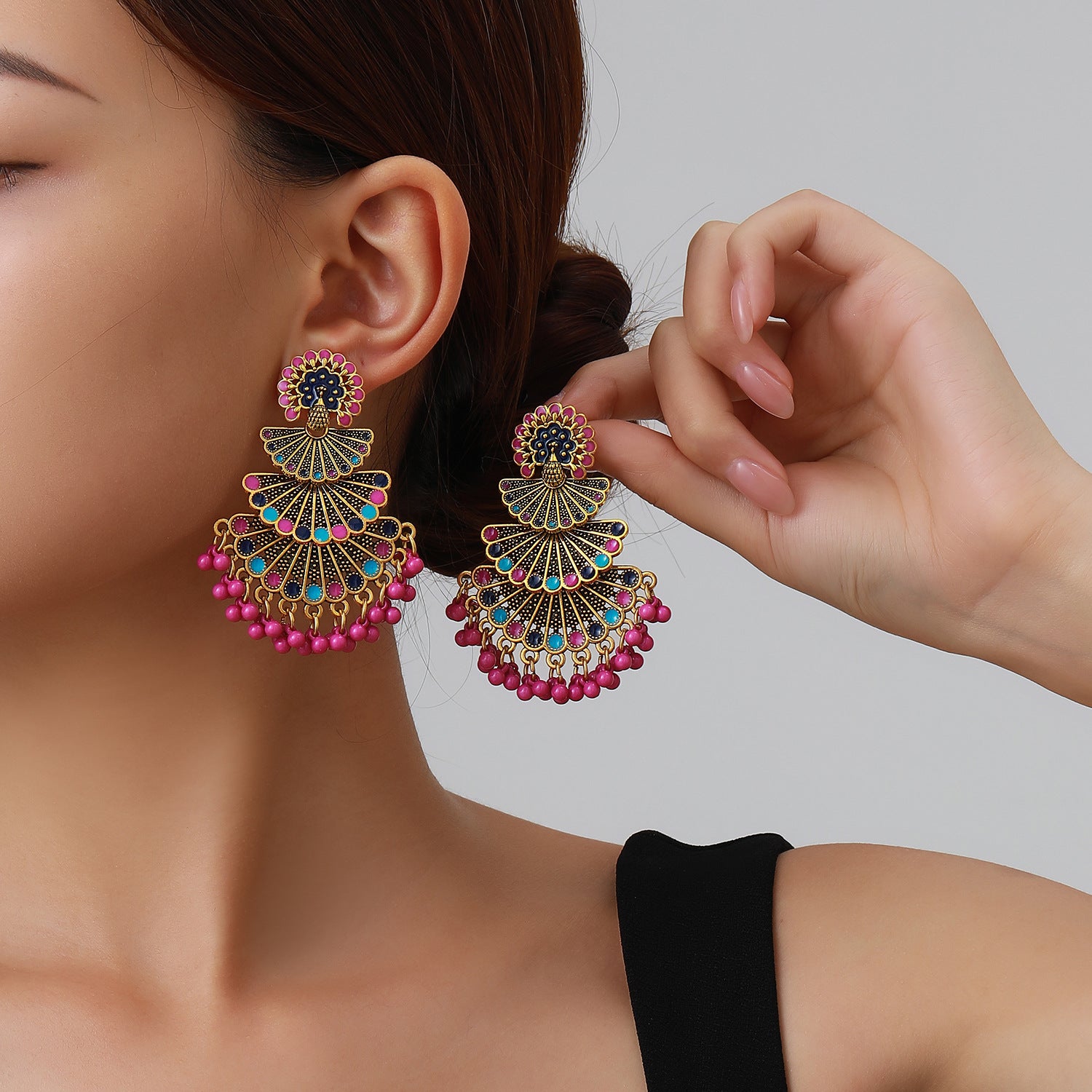 Wholesale Indian Style Peacock Tassel Earrings Colorful Bohemian Beaded Ethnic Fashion Jewelry Accessory Gift