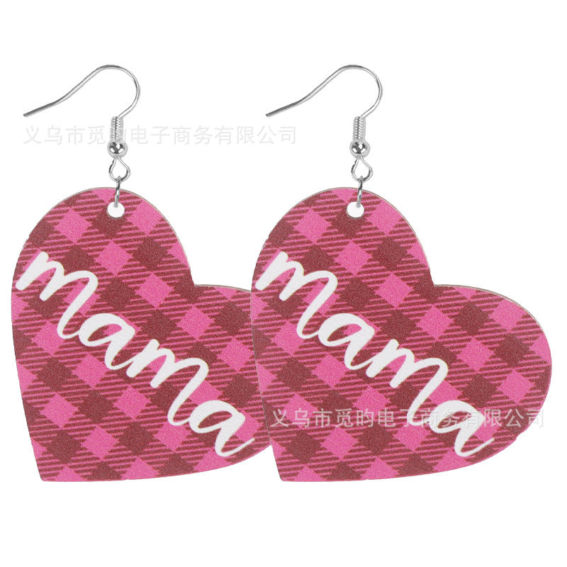 Wholesale Mother's Day Love Leopard Print MAMA Rose Flower Wooden Earrings ACC-ES-Mijun008