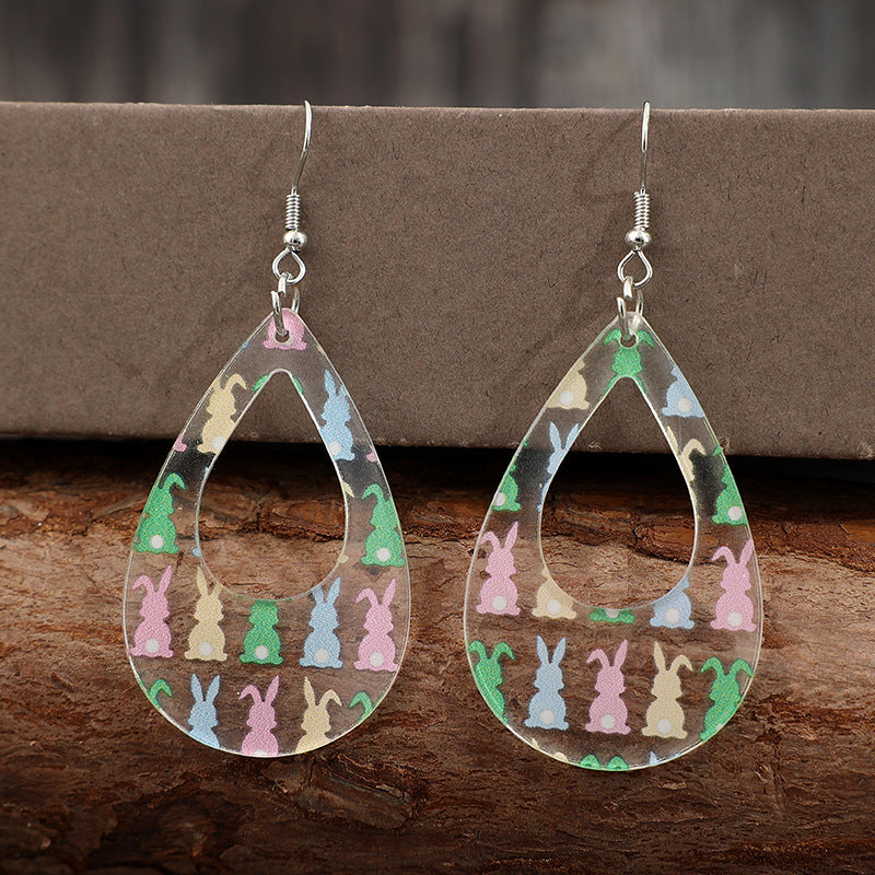 Wholesale  Easter hollow water drop printing cute rabbit acrylic ladies earrings