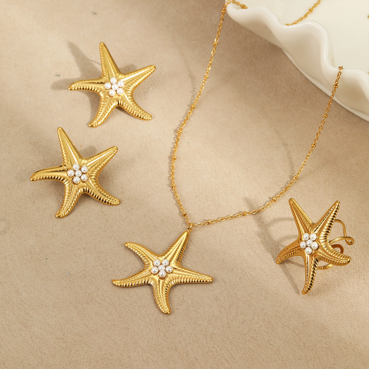 Wholesale Stainless Steel Starfish Pearl Earrings Ring Necklace suit