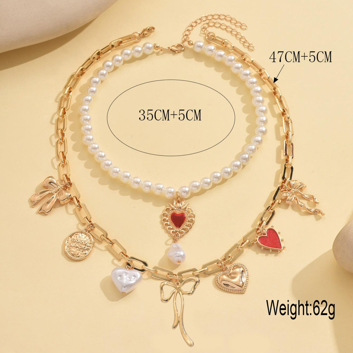 Wholesale creative vintage alloy heart and bow multi-pendant layered  necklace