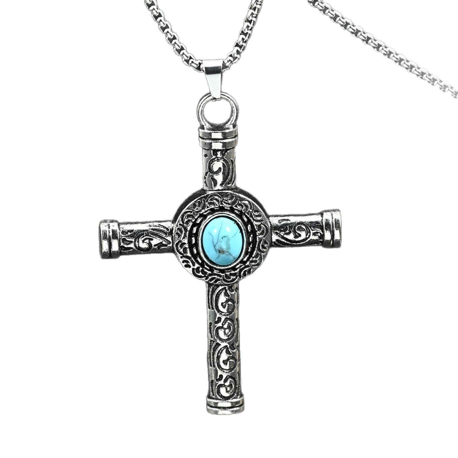Wholesale Gothic Style Turquoise Cross Pendant Necklace Men S Long Chain Zinc Alloy Fashion Jewelry Accessory