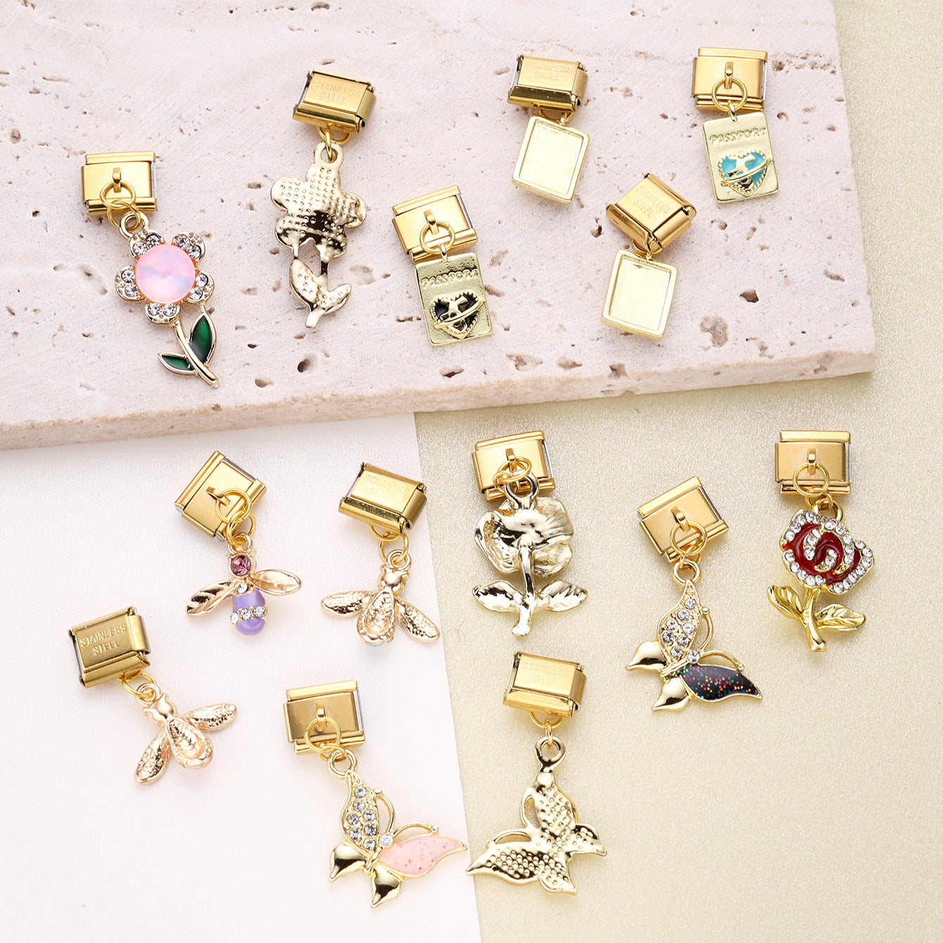 Wholesale 10pcs Italian Charm Bracelet 9mm DIY Splicing Butterfly Bee Stainless Steel Composable Bracelet