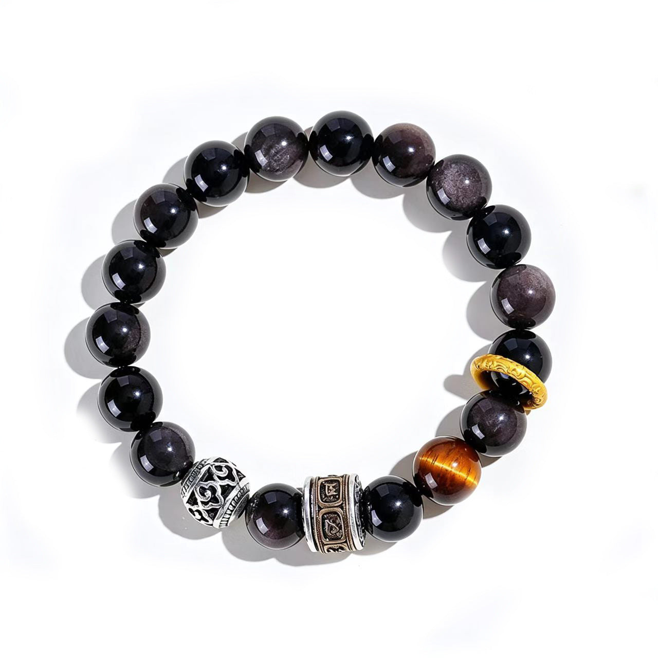 Wholesale 10Mm Silver Obsidian Tiger Eye Stone Bead Bracelet Retro Mantra Cylinder Design Stylish Unisex Jewelry Accessory For Gift Resale