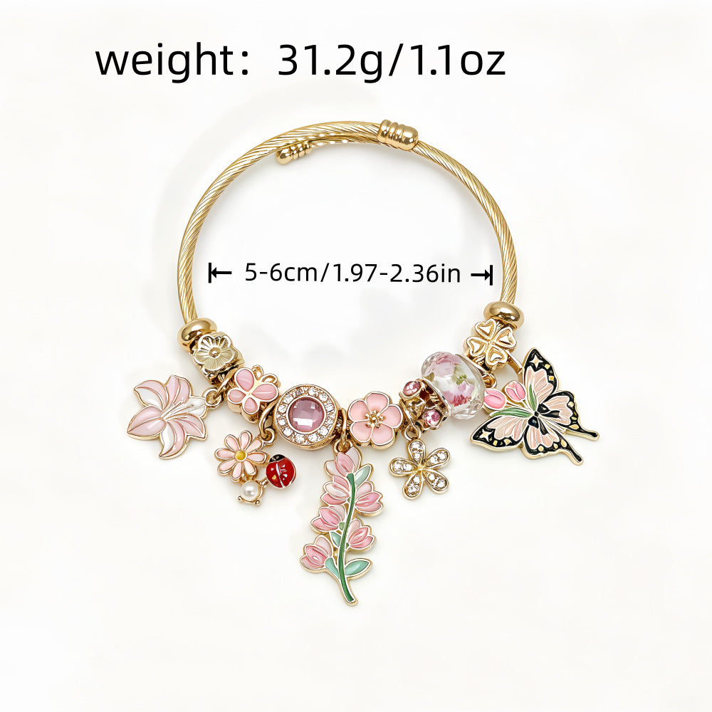 Wholesale Stainless Steel Electroplated Floral Butterfly Rhinestone Glass Bead Bracelet Trendy Women S Everyday Wear
