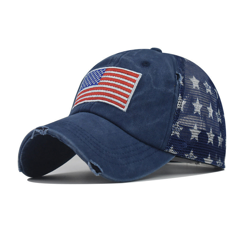Wholesale Pure cotton washed hole five-pointed star American flag baseball cap
