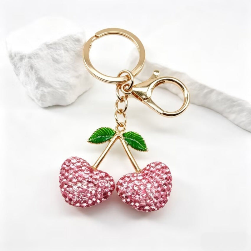 Wholesale 3D Rhinestone Cherry Heart Keychain Charm Creative Car Key Bag Pendant Decorative Accessory