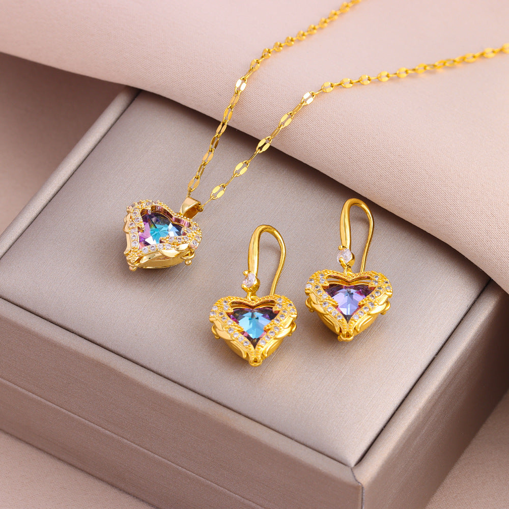 Wholesale  Titanium Steel 18K Gold Plating Micro Inlay Colorful Ocean Heart Necklace Earrings Ring Set