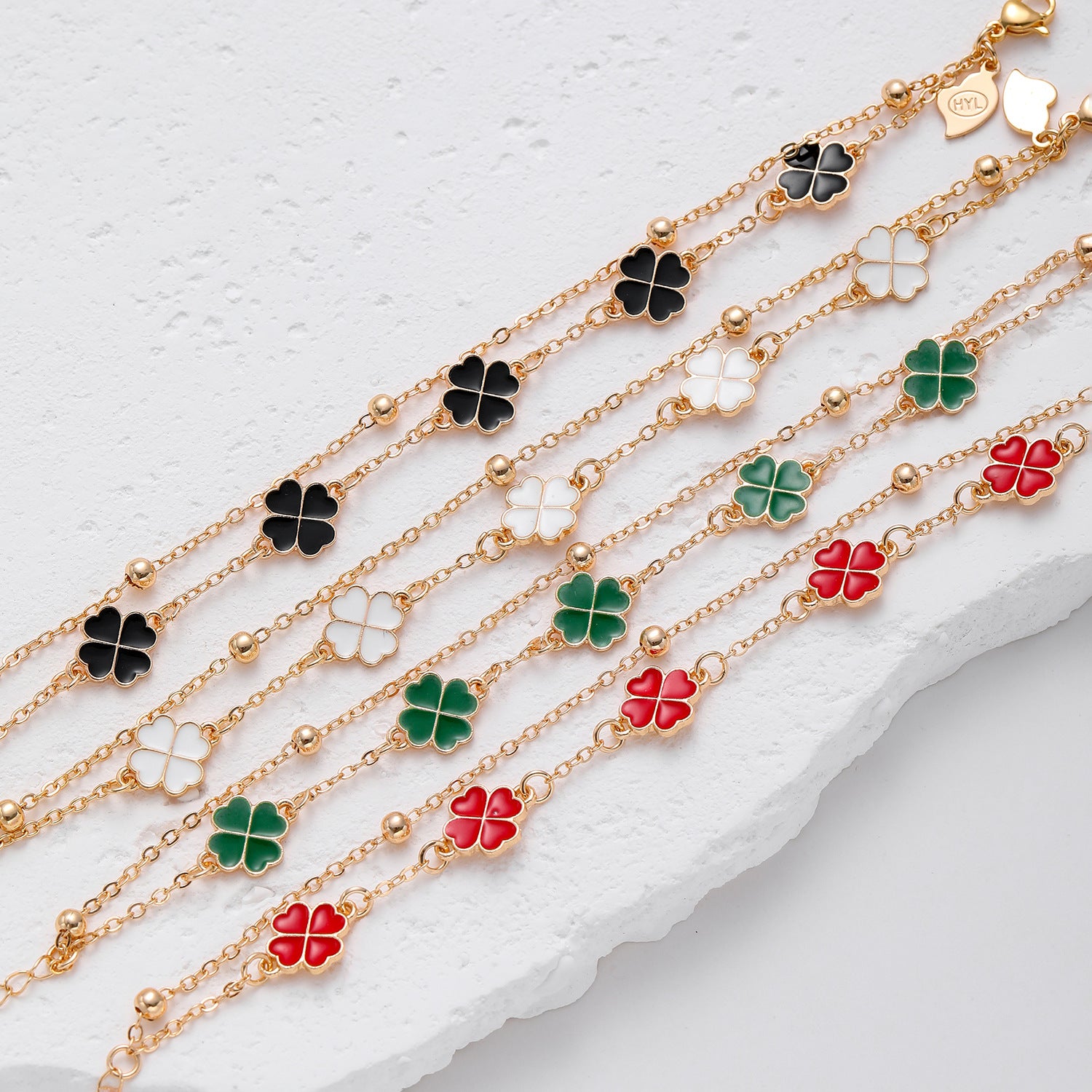 Wholesale Copper Gold Plated Oil Drop Double Chain Four Leaf Clover Bracelet ACC-BT-HengXuan001