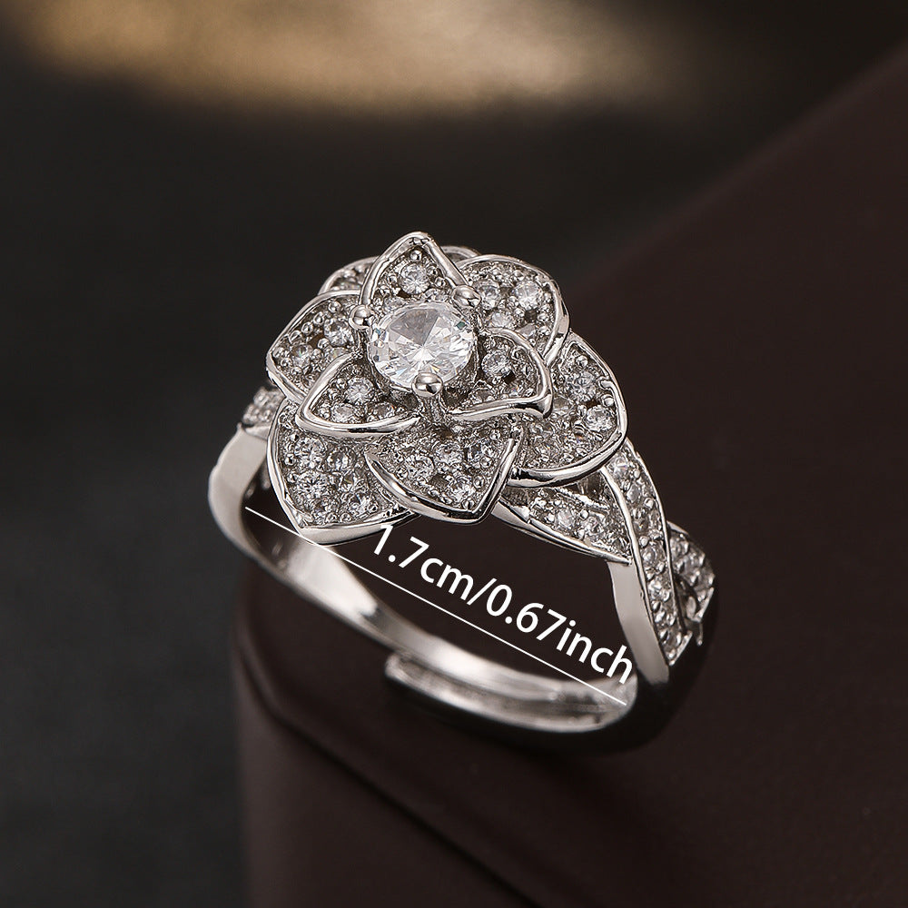 Wholesale Chic Camellia Design Women S Ring Silver Tone Copper Zircon Everyday Wear Jewelry Gift