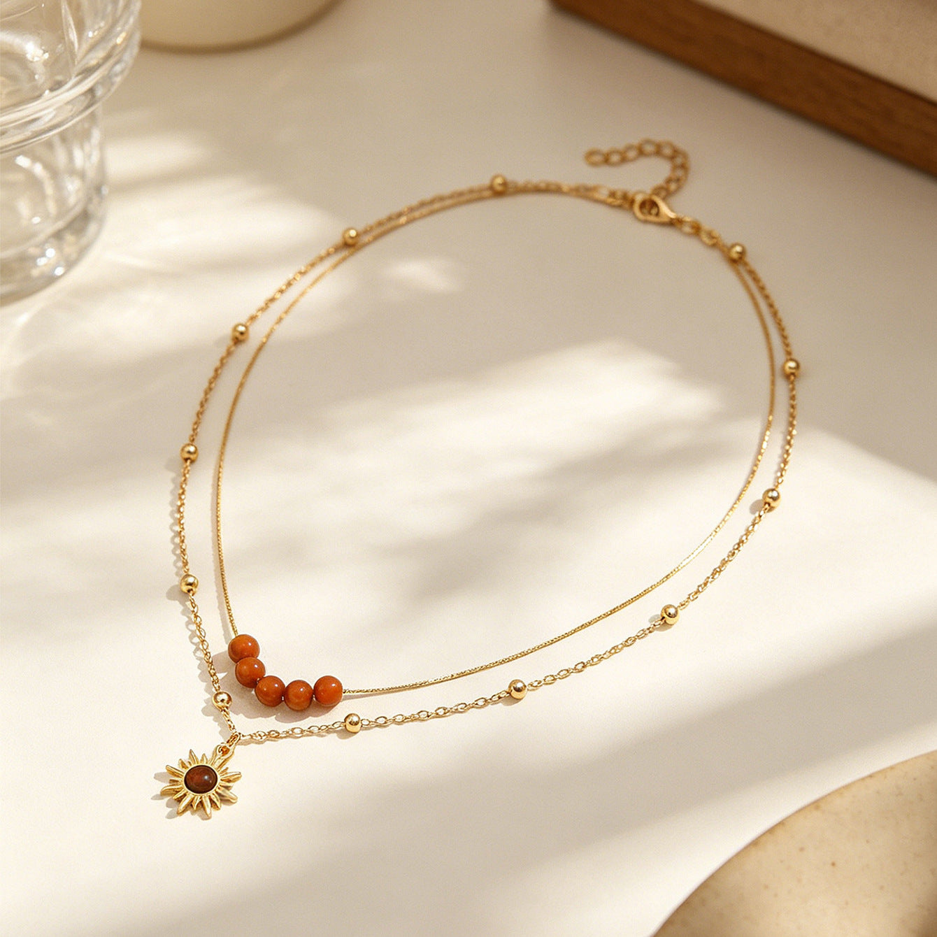 Wholesale Gold Tone Sunflower Tiger Eye Layered Pendant Necklace Trendy Vacation Style Choker Jewelry Accessory Gift