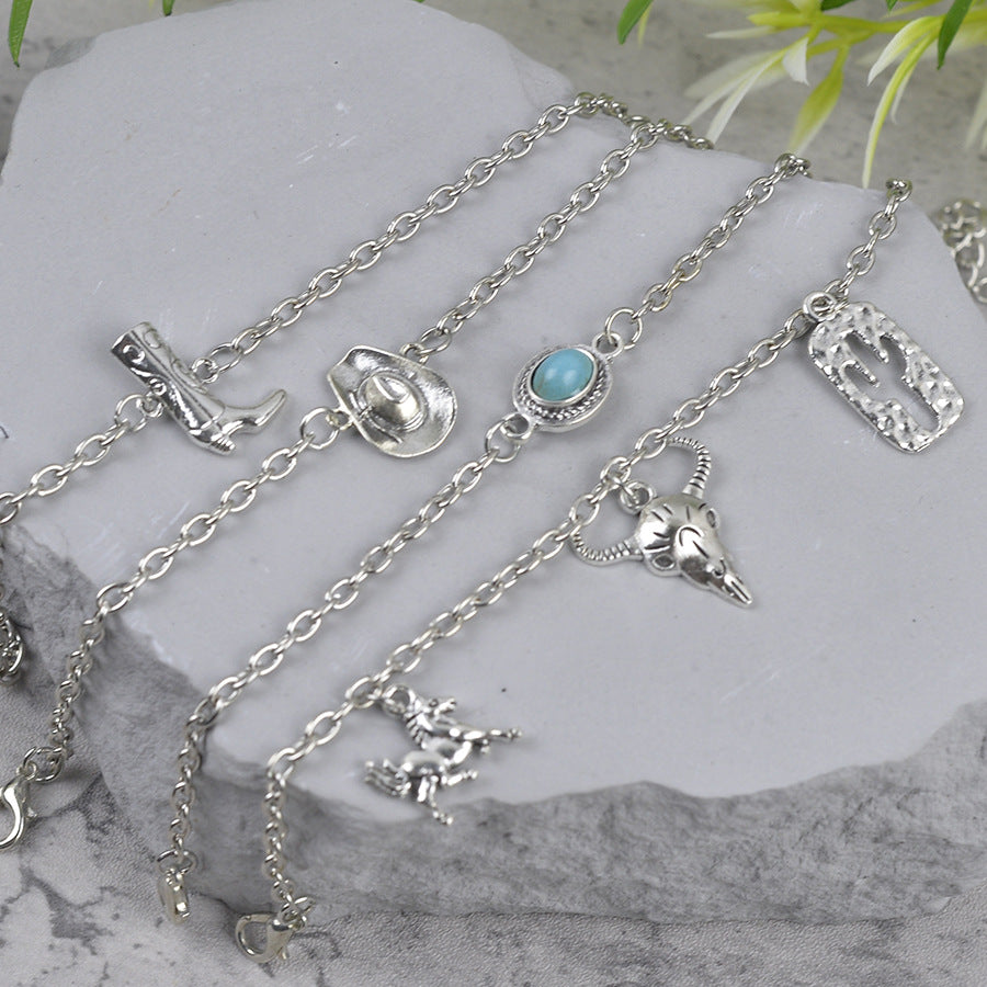 Wholesale Zinc Alloy Antique Silver Cowboy Bracelet Set With Hat Bull Head Boots Charms Vintage Fashion Jewelry Accessory Gift