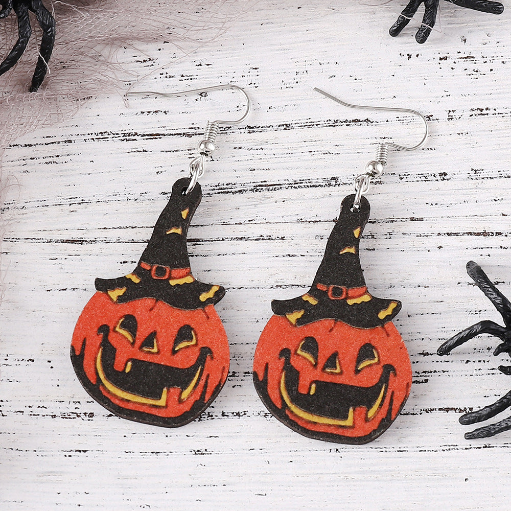 Wholesale   Halloween Ghost Face Pumpkin Witch Hat Witch Boots Pendant Wood Earrings
