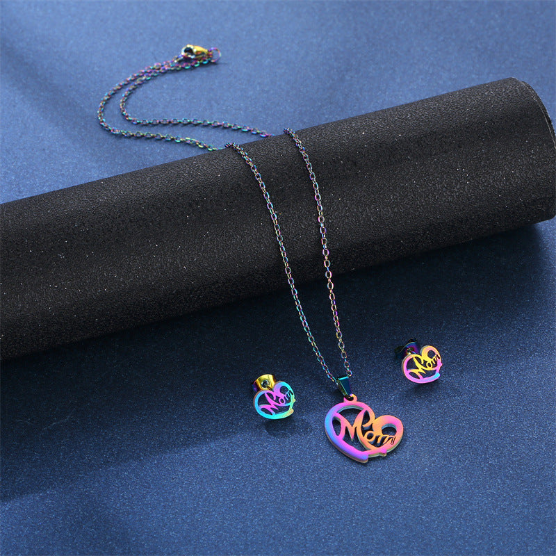 Wholesale Colorful Hollow Glossy MOM Titanium Steel Pendant Stainless Steel Earrings Necklace Set Mother's Day ACC-ES-MinM020