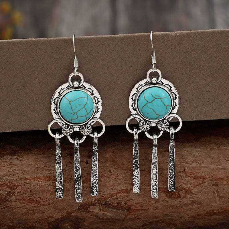 Wholesale Retro Bohemian Tassel Drop-off Pine Stone Antique Alloy Ethnic Style Earrings