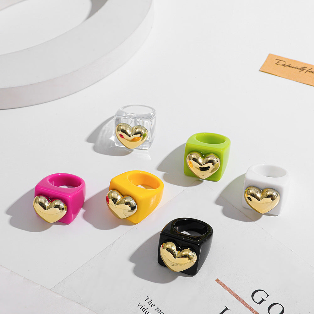 Wholesale resin ring  candy color love gold ring