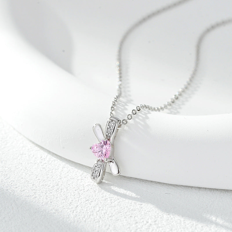 Wholesale  Heart Bow Necklace  S925 Sterling Silver Zircon Pendant Collarbone Chain
