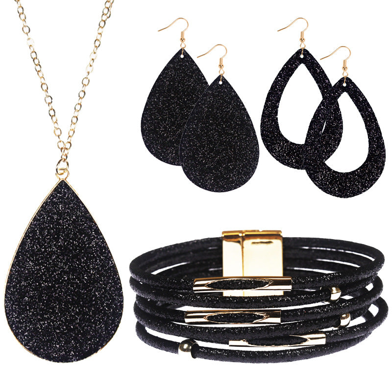 Wholesale Four-Piece Jewelry Set  Multi-Color Sequin Alloy Necklace Pu Leather Earrings Magnetic Bracelet