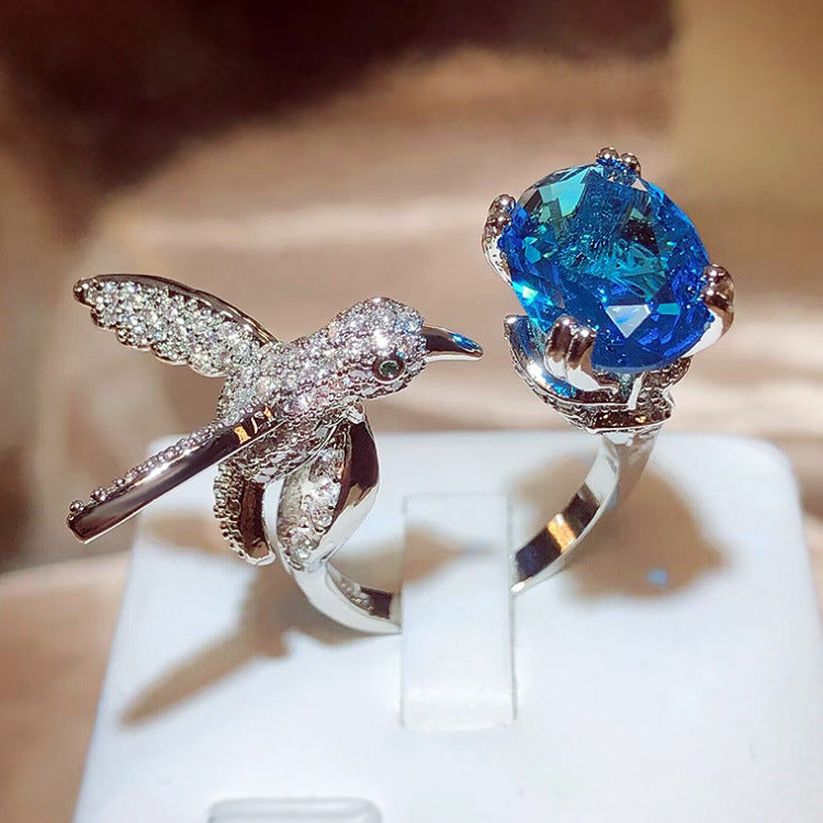 Wholesale  Luxury Aquamarine Hummingbird Adjustable Ring