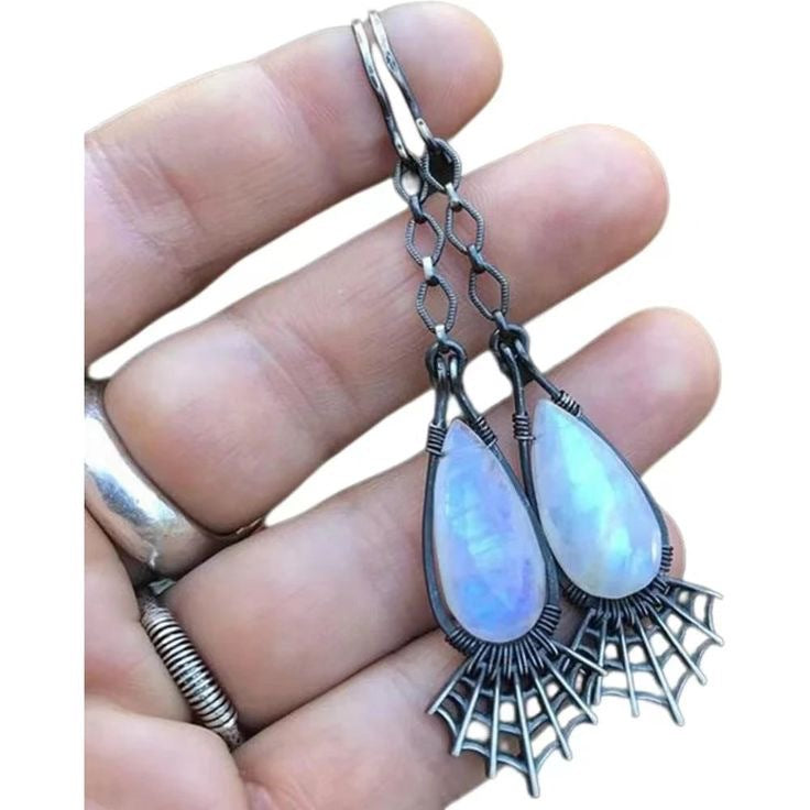 Wholesale  creative spider web shape inlaid long water drop moonstone earrings