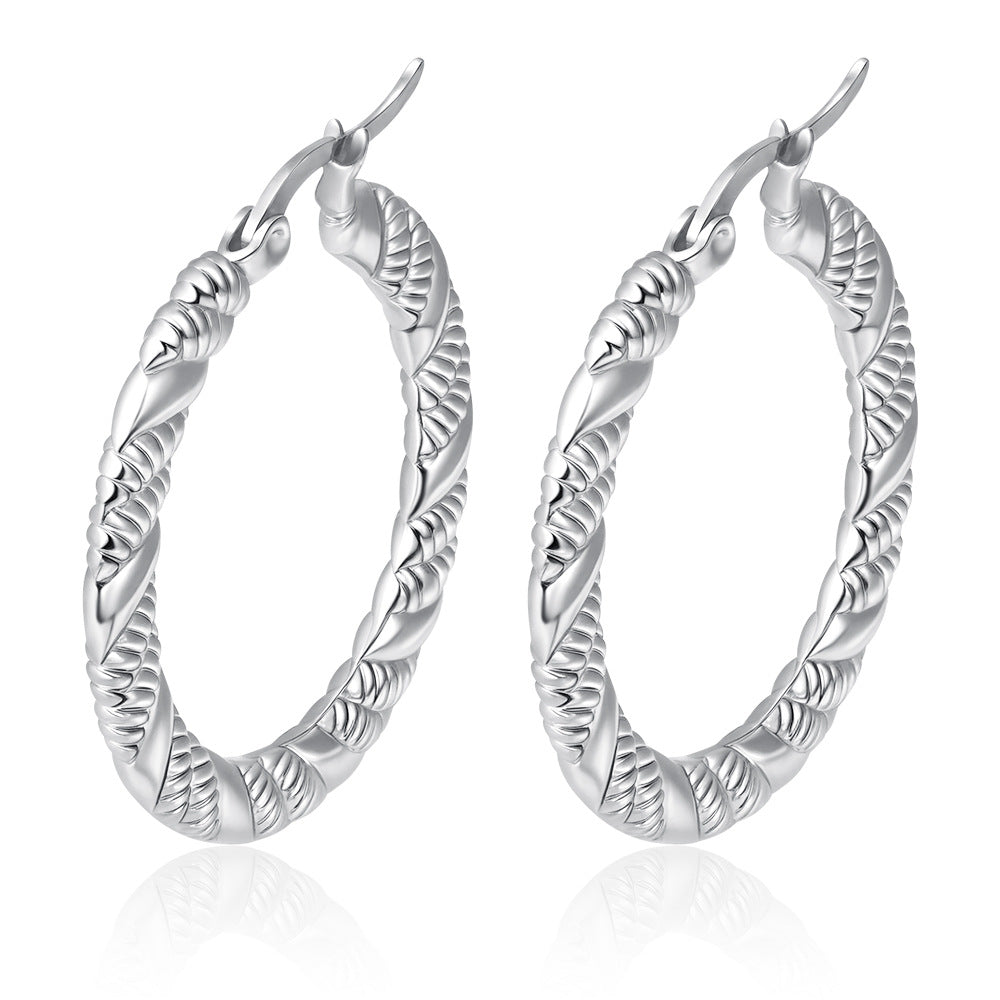 Wholesale Embossed Round Earrings Stainless Steel Gold Plated Everyday Wear Jewelry Accessory