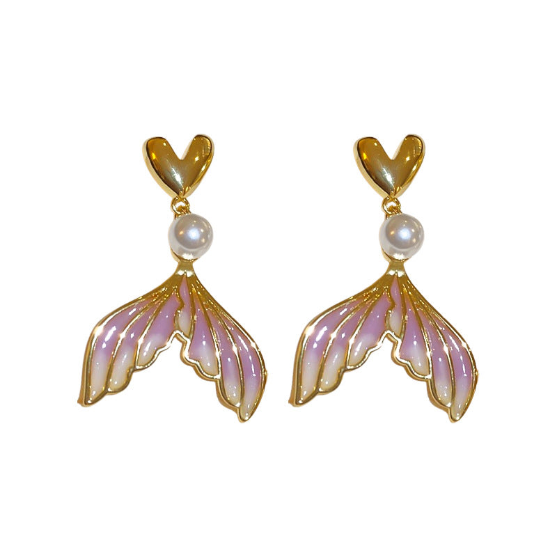 Wholesale Vintage Oil Dropping Fish Tail Love Pearl 925 Silver Earrings