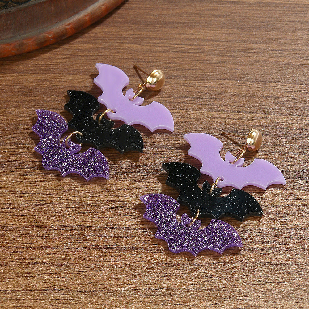 Wholesale  Halloween Acrylic Purple and Black Three Bats Acrylic Earrings