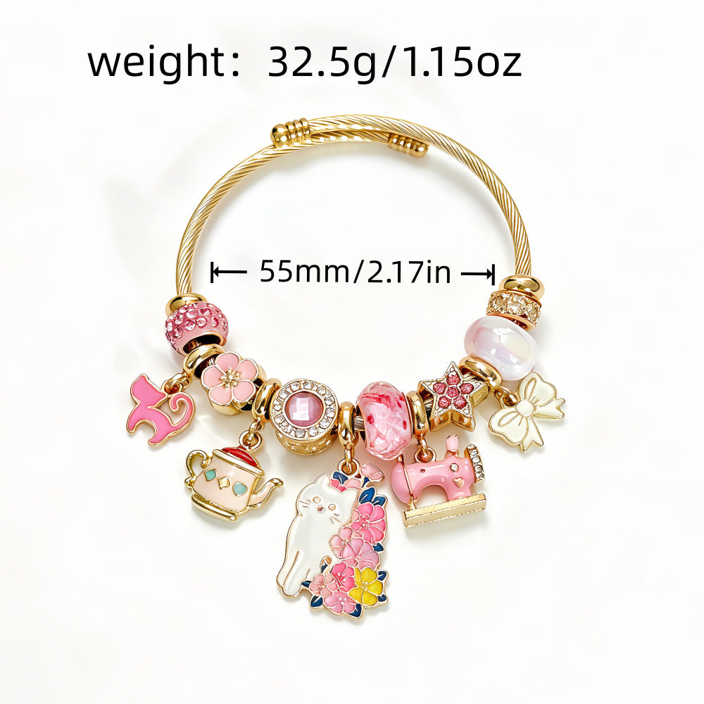 Wholesale Cute Cat Teapot Sewing Machine Charm Bracelet Stainless Steel Open Bangle Trendy Women Jewelry Accessory