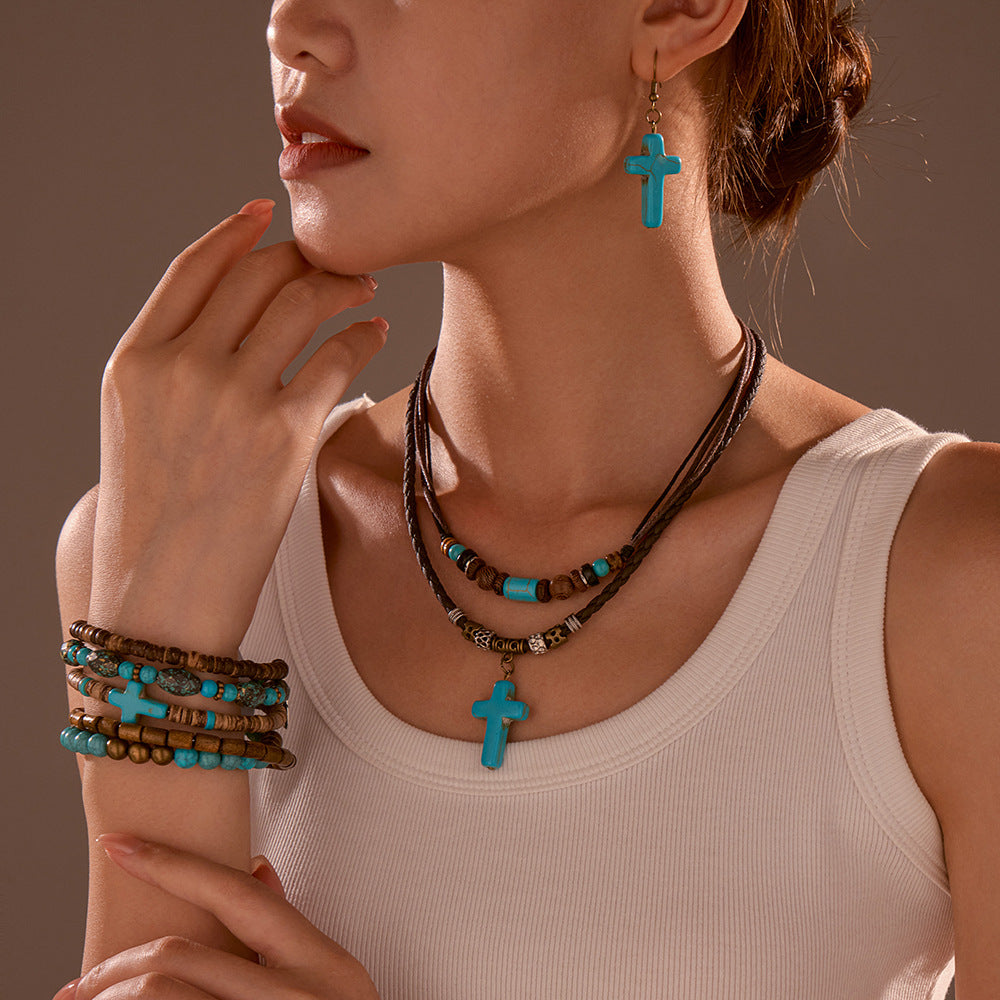 Wholesale Handmade Vintage Stacked Turquoise Cross Necklace and Bracelet Set