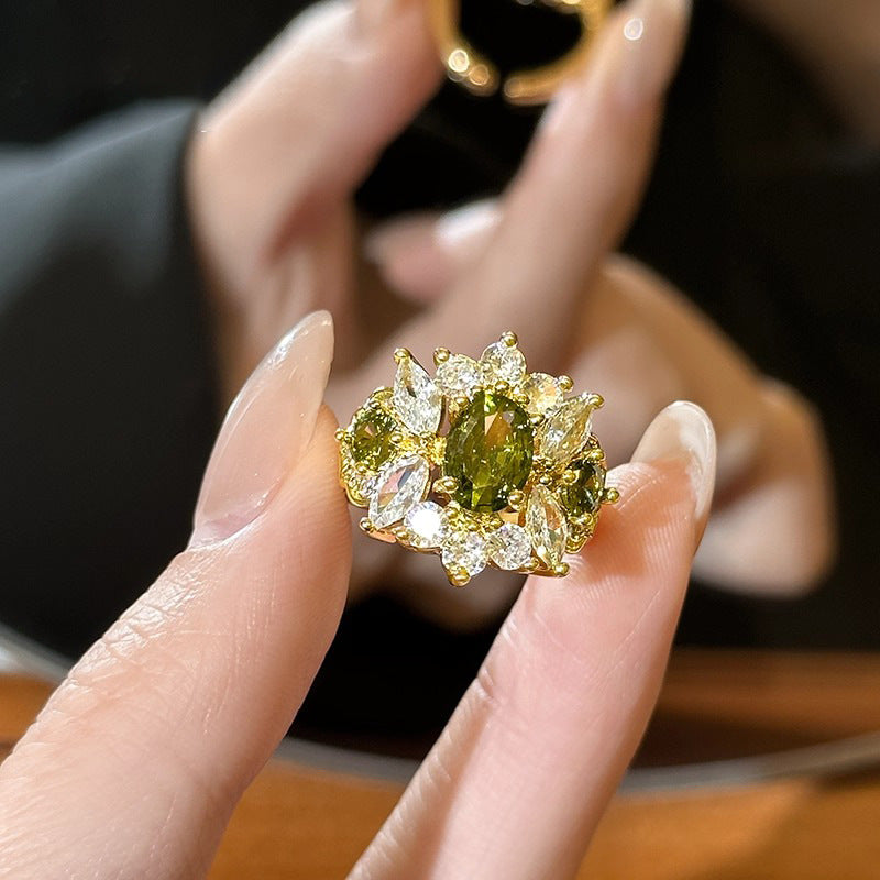 Wholesale Geometric Full Diamond Ring Adjustable Jaw in Silver Olive Green Boutique Jewelry Accessory for Everyday Wear