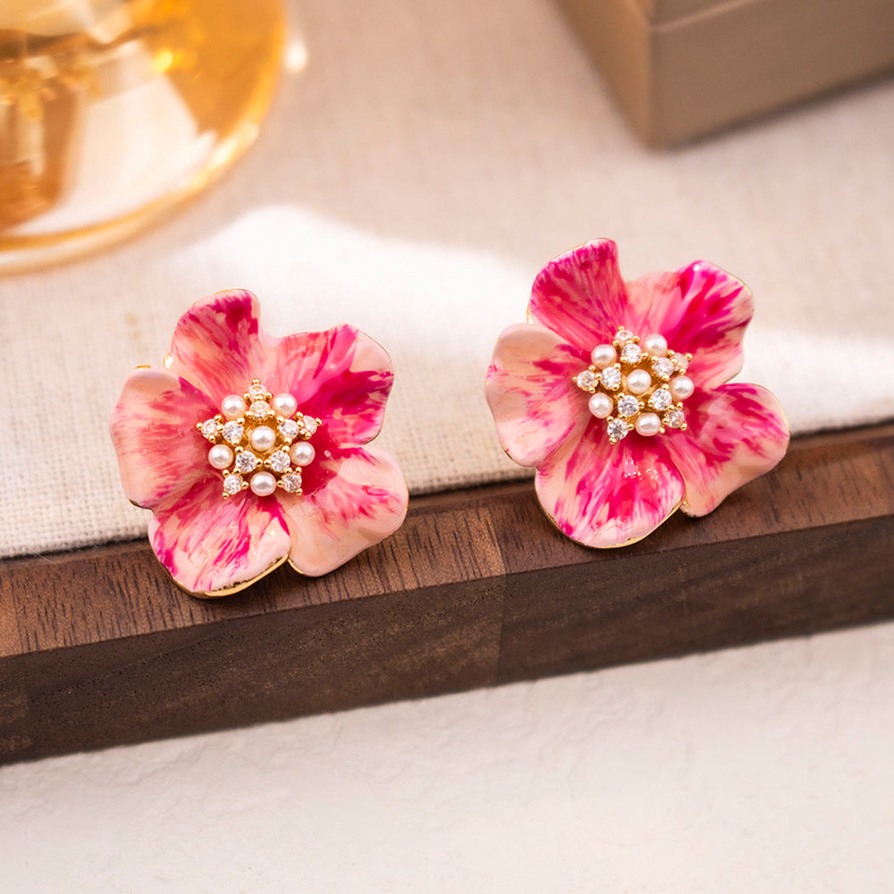 Wholesale Silver needle color zircon pearl camellia earrings